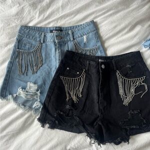 Embellished Distressed Women’s Denim Shorts - Light Blue & Black